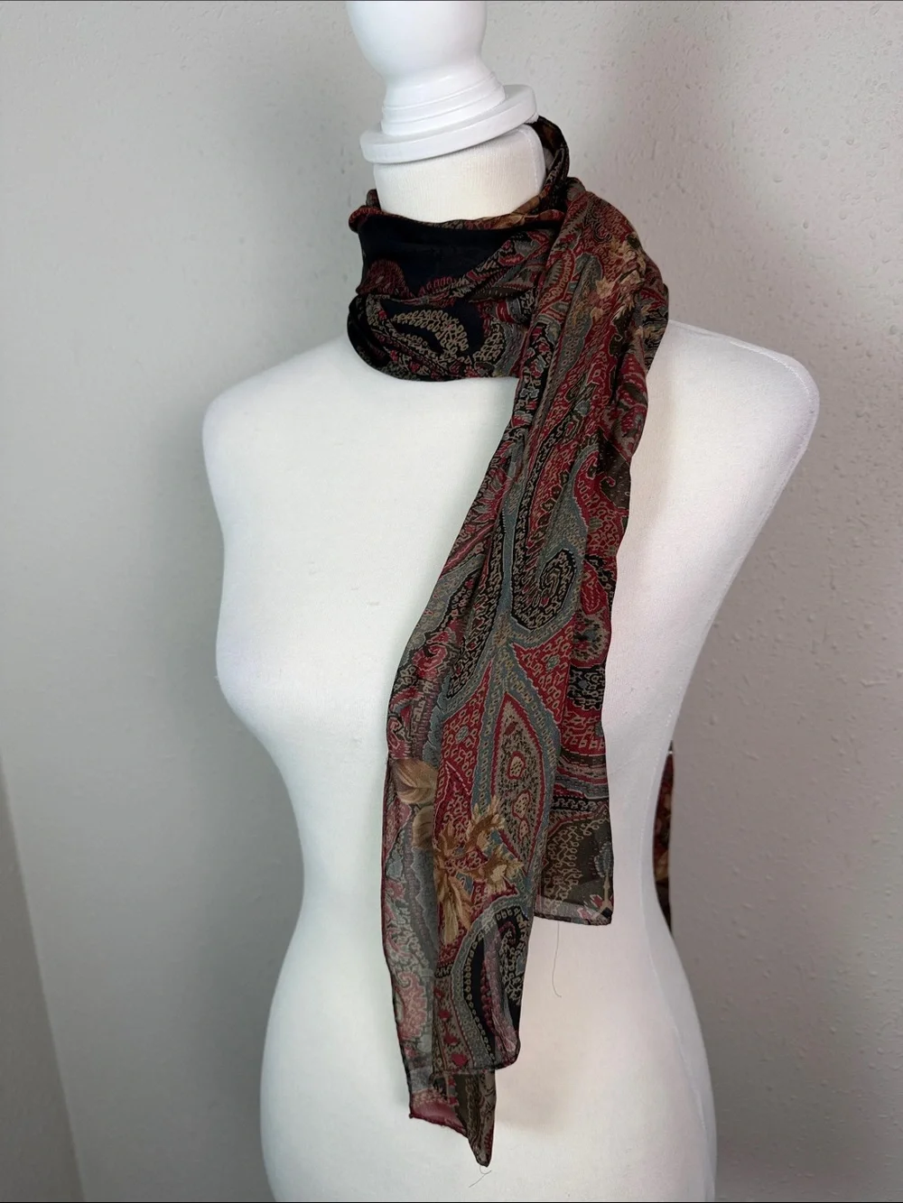 Ralph Lauren 100% Silk Scarf Floral Paisley Burgundy Long Oblong Vintage Style
